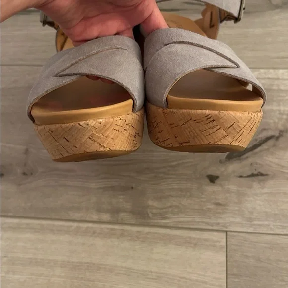 Kork-Ease Gray Suede Leather + Tan Crisscross Ankle Strap Cork Wedge Sandals - Picture 7 of 9